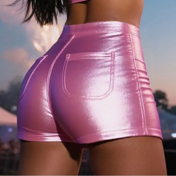Pink barbie metallic booty shorts cheeky bottoms stretchy rave festival club new
